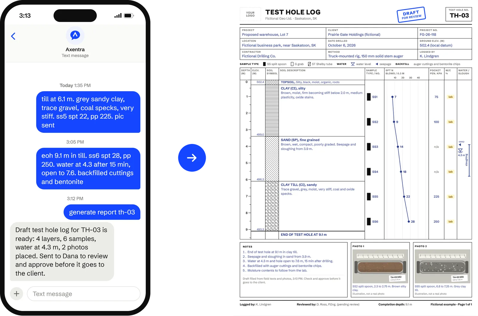 A field tech's texts on a phone next to the finished test hole log.