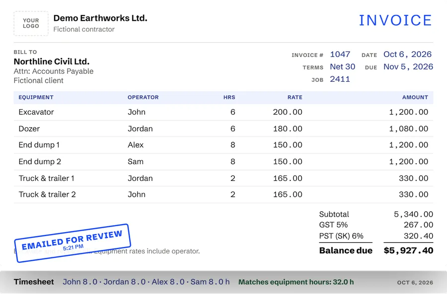 The drafted invoice and matching timesheet.